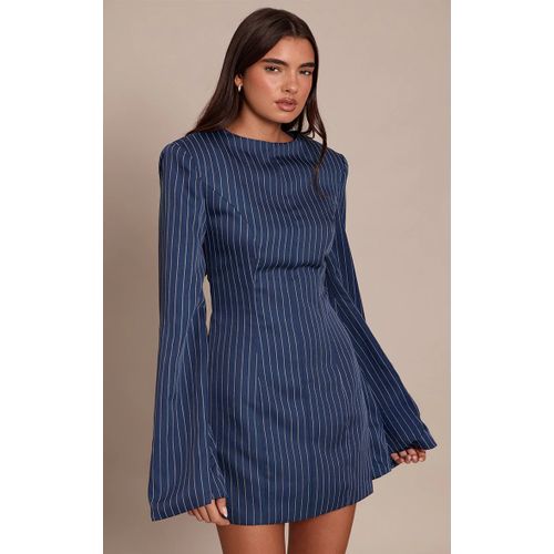 Femme Mini Robe Structurée Bleu Marine Finement Rayée À Col Bateau Et Manches Longues | Taille 38