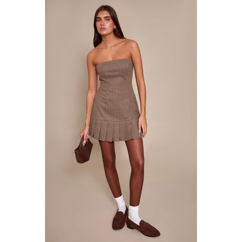 Femme Mini Robe Bustier En Effet Laine Chocolat À Partie Jupe Plissée | Taille 40