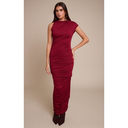 Femme Robe Longue Asymétrique Rouge Vin Froncée Sans Manches | Taille 34