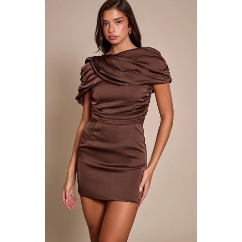 Femme Mini Robe Satinée Chocolat À Partie Portefeuille Superposée Et Manches Courtes | Taille 36