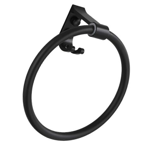 Anneau porte-serviettes avec crochet en aluminium, support rond simple noir pour salle de bain, auto-adhesif et resistant a la corrosion.