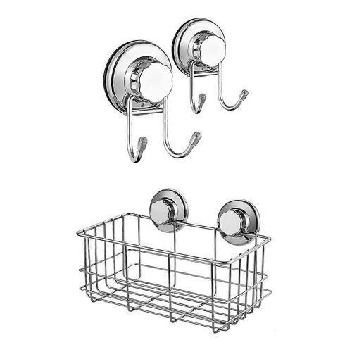 Crochets a ventouse doubles en acier inoxydable pour etagere murale de douche.