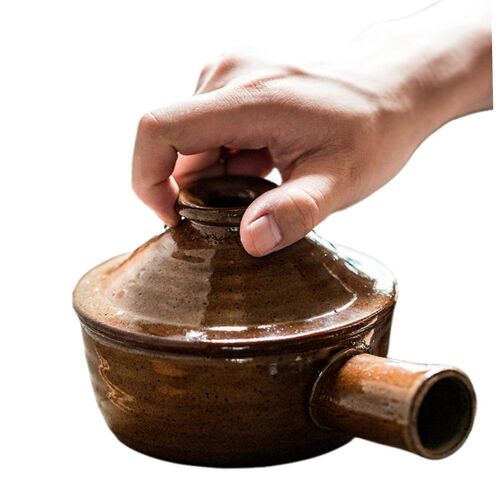 Cuiseur micro-ondes 300 ml, 2 pots rustiques en gres de 12,5 cm avec couvercle et poignee, compatible lave-vaisselle