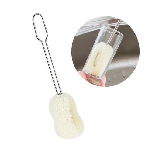 Brosse de nettoyage en eponge remplaçable pour bouteilles et verres, avec long manche en acier inoxydable et eponge a texture douce.