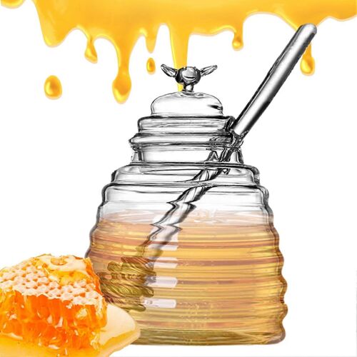 Distributeur de miel en verre avec louche, pot de conservation du miel inodore et sur, preserve la fraîcheur du miel pour les vinaigrettes, transparent