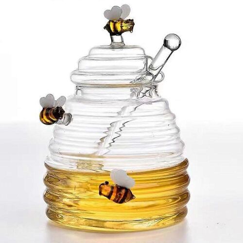 Pot A Miel En Verre Transparent De 450 Ml Avec Cuillere Doseuse Et Decorations Abeilles.