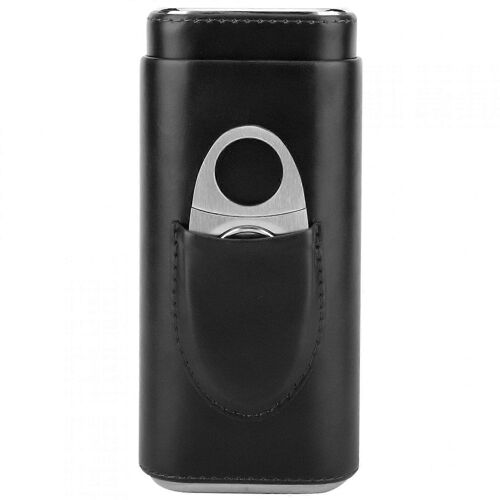 etui a cigares portable en cuir noir double de bois de cedre, cave a cigares d'une capacite de 3 cigares, coupe-cigares en acier inoxydable argente