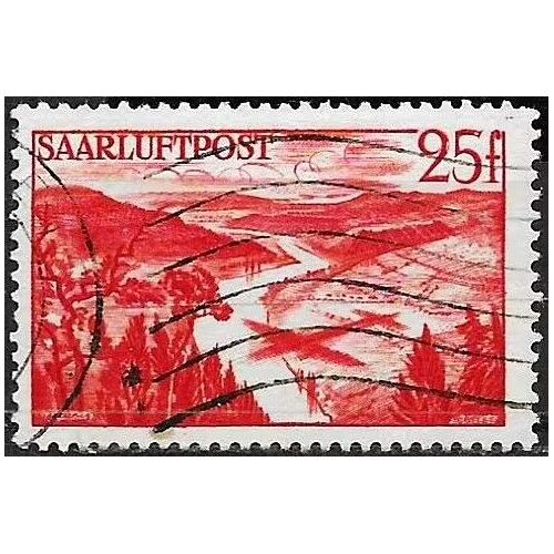 Allemagne, Land De Sarre Sous Adm. Française 1948, Beau Timbre De Poste Aérienne Yvert 9, Vallée De La Sarre Près De Mettlach, 25f. Rouge, Oblitéré, Tbe.