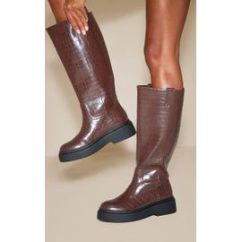 Femme Bottes Hautes Droites Épaisses Chocolat Effet Croco | Taille 37