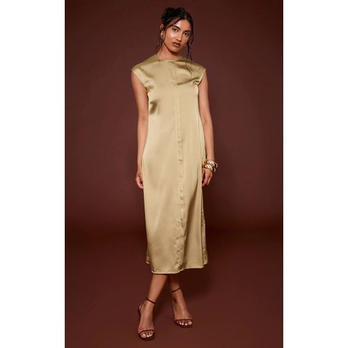 Femme Robe Droite Satinée Vert Olive À Mancherons | Taille 36