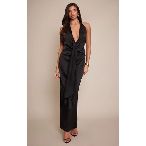 Femme Robe Longue Satinée Noire À Col En V Et Détail Noué | Taille 40