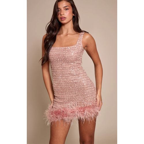 Femme Robe Droite Col Rond Taupe À Sequins Et Ourlet En Plumes | Taille 36