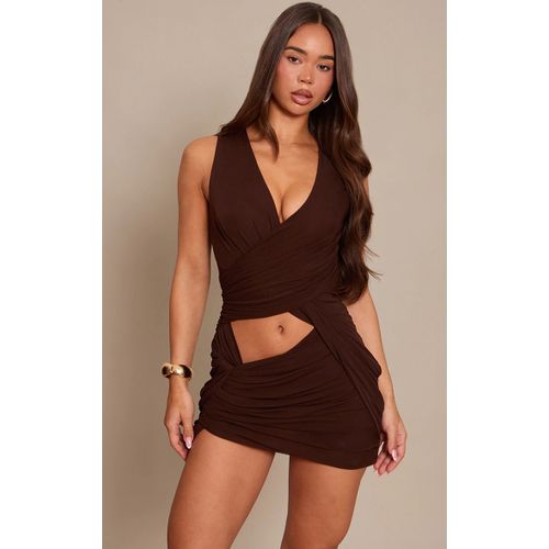 Femme Mini Robe En Mesh Doublé Chocolat Profond À Parties Superposées Croisées | Taille 42