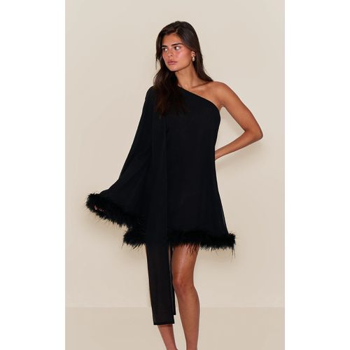 Femme Robe Droite En Mousseline De Soie Noire À Épaule Unique Et Détails Plumes | Taille 32