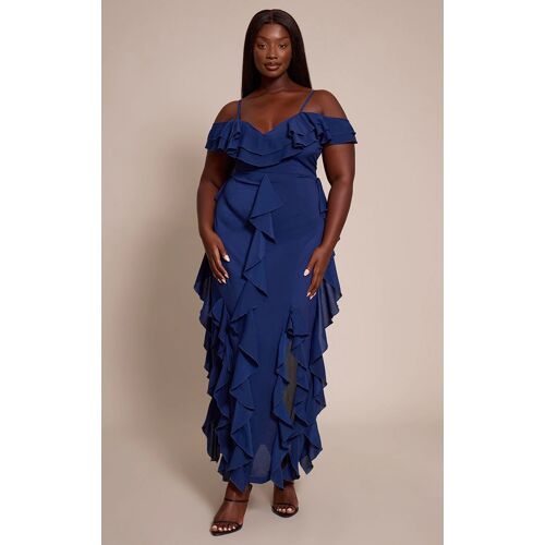 Femme Plus Robe Longue Bleu Marine Volantée À Bretelles Fines Et Épaules Dénudées | Taille 46
