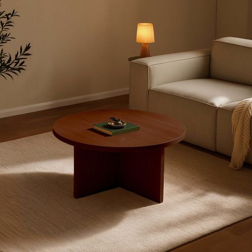 Table basse ronde 80 cm scandinave effet bois foncé