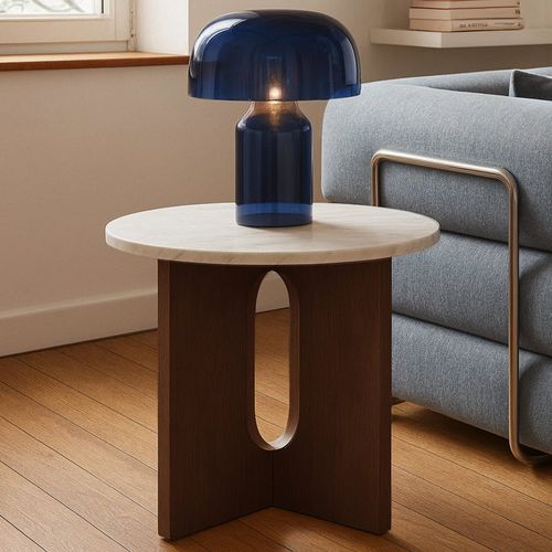 Table basse moderne ronde 50 cm effet marbre bois foncé