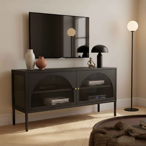 Meuble TV moderne 2 portes L115 cm en métal noir