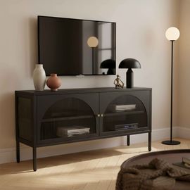 Meuble TV moderne 2 portes L115 cm en métal noir