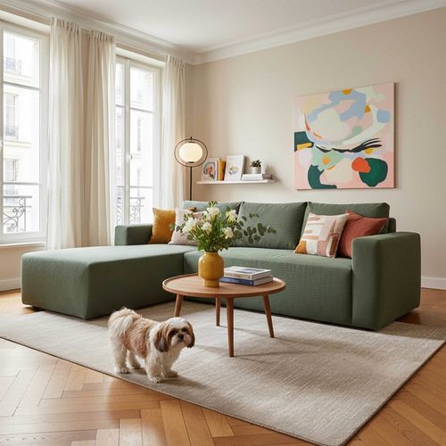 Canapé d'angle 4 places en tissu côtelé avec méridienne gauche vert