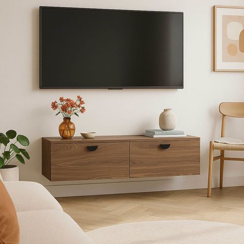 Meuble TV suspendu 120 cm industriel bois foncé