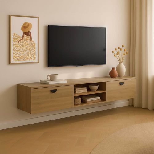 Meuble TV suspendu 160 cm industriel bois clair