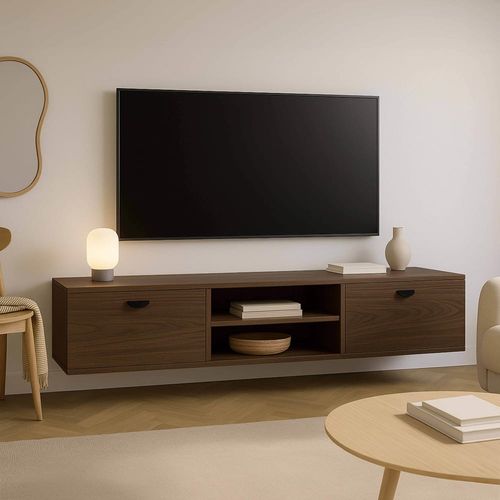 Meuble TV suspendu 160 cm industriel bois foncé