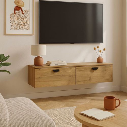 Meuble TV suspendu 120 cm industriel bois clair