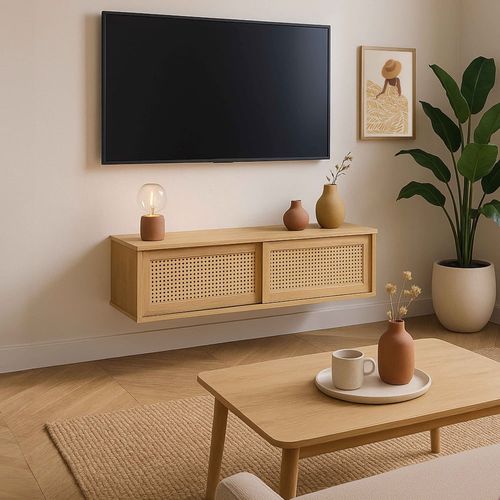 Meuble TV suspendu 108 cm bohème bois clair
