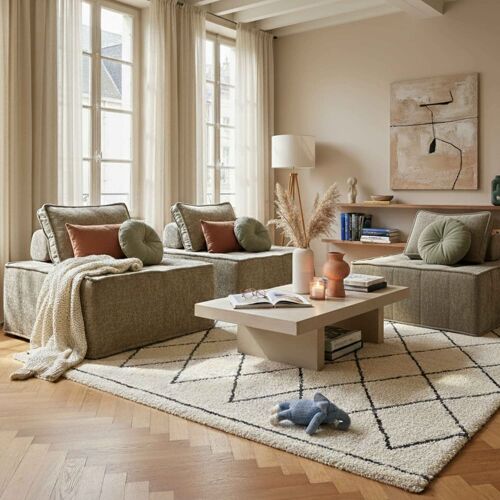 Canapé modulable 3 places en tissu avec coussins taupe