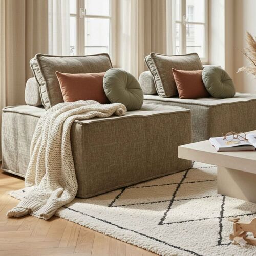 Canapé modulable 2 places en tissu avec coussins taupe