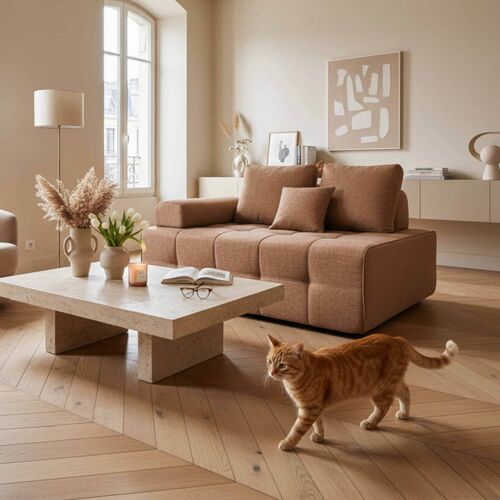 Fauteuil droit pour canapé modulable en tissu avec coussins terracotta