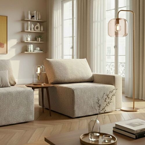 Fauteuil d'angle pour canapé modulable en tissu avec coussins écru
