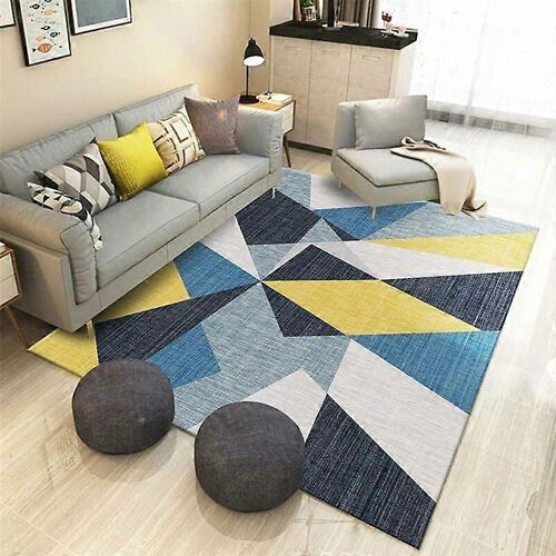 Tapis Salon Moderne Motifs Géométriques - Jaune Bleu Velours 120x160cm - Antidérapant