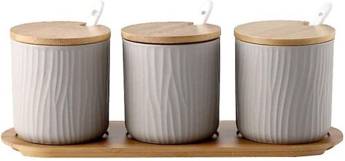 Pot Condiments Céramique avec Couvercles - Cuillères Plateau Bois Cuisine 9.5x28.5cm Gris