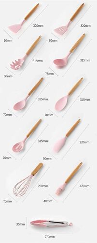 Ensemble Ustensiles De Cuisine 11 Pièces - Embouts Silicone Résistants Chaleur - Manches Bois