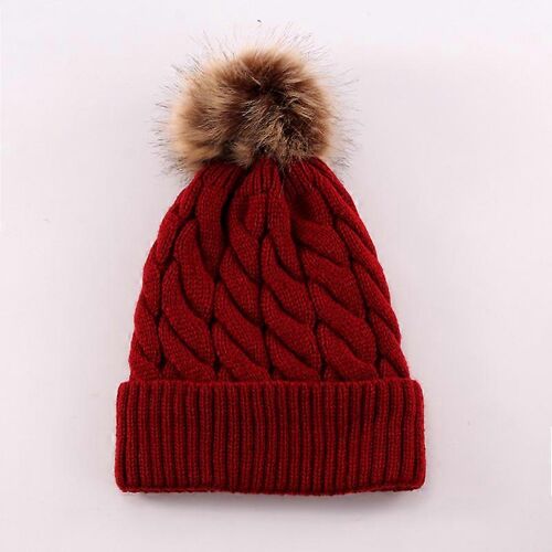 Bonnet Enfant Doublure Tricot Torsadé - Ski Bébé Fille Garçon - Rouge Hiver