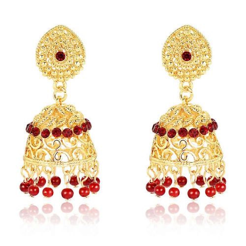 Boucles D'oreilles Pendantes Vintage En Or - Forme Cloche Avec Strass Rouges Et Perles - Pour Femme