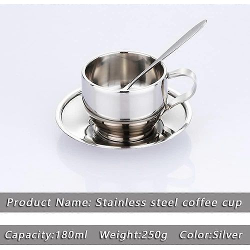 Ensemble De Tasses À Café En Acier Inoxydable Double Paroi - Avec Soucoupe Et Cuillère - Incassable Pour Restaurant - Argent