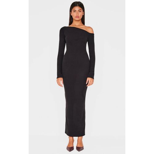 Femme Robe Longue Côtelée Noire À Col Bardot Et Manches Longues | Taille 38