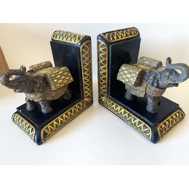 Paire de Serre-Livres Décoratifs Atypiques Éléphants Porteurs Made in India Art