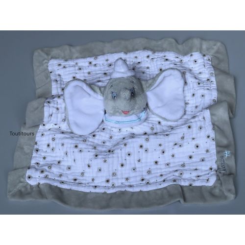 Doudou Dumbo éléphant plat lange blanc gris Disney Nicotoy