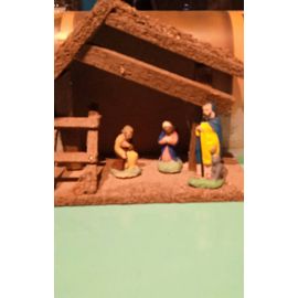 Petite Crèche Vintage Bois , Santons En Terre Cuite 4.5 Cm , Vierge Marie , Saint Joseph Et Un Berger