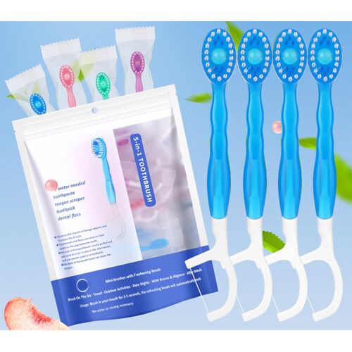 Kalanka-Lot De 12 Brosses À Dents De Voyage 5 En 1 Jetables - Mini Brosse Avec Dentifrice, Gratte-Langue, Cure-Dent Et Fil Dentaire, Soin Buccal Sans Rinçage Pour Adultes(Menthe Poivrée) 