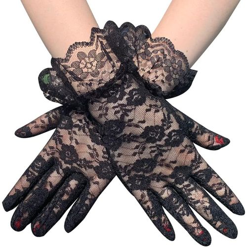 Women Elegant Short Lace Gloves Wedding Party Costume Accessories, Black, 9*24cm