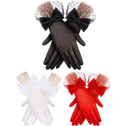 3 Pairs Women's Lace Gloves With Bow Tea Party Gloves Gothic Silk Wedding Gloves For Halloween, White, Black, Red, One Size