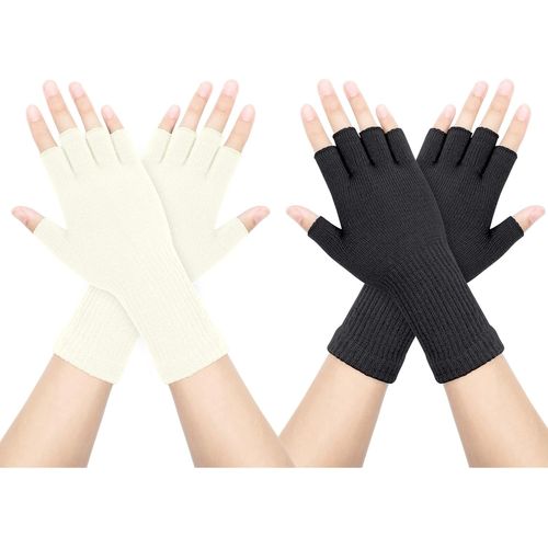 2 Pairs Winter Half Finger Gloves Knitted Mittens Stretch Warm Wrist Gloves For Men And Women"".[J282]