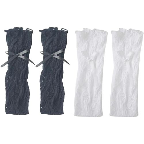 2 Pairs Of Women's Lace Mittens ¿ Black & White, 50 Cm Nylon (High Elasticity), Retro Wedding Mittens