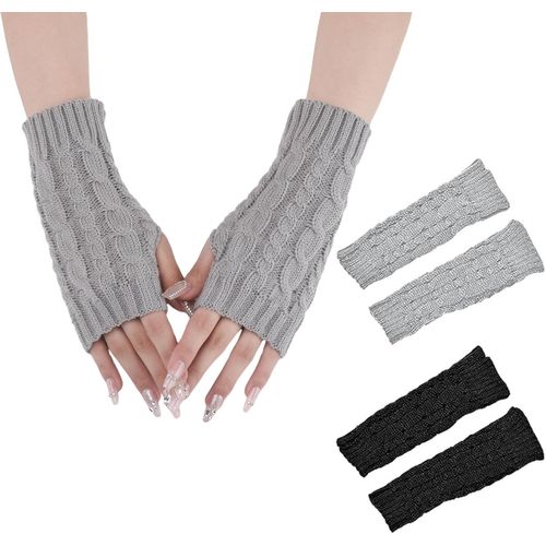 2 Pairs Women's Short Sleeve Autumn Winter Fingerless Knitted Gloves Warm Fingerless Stretchy