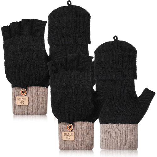 2 Pairs Convertible Fingerless Gloves Twisted Knit Winter Half Finger Mitts